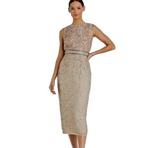 NWT Mac Duggal Nude Sequin Beaded Midi Sheath Cocktail Evening Dress 14